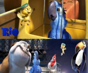 Puzzle Blu μαζί με άλλους χαρακτήρες της ταινίας του Ρίο